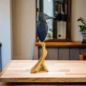 Sculpture en bois oiseau - Martin pêcheur bleu et blanc