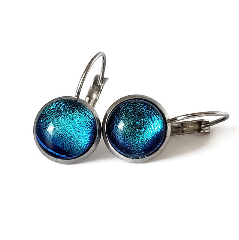 Boucles d'oreille leviers bleu turquoise, en verre fusion